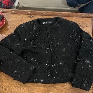 ZARA Black Sequin Embellished Tweed Jacket